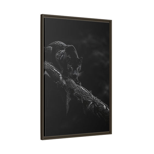 Main Mockup. Black Panther On Branch shown as framed canvas print