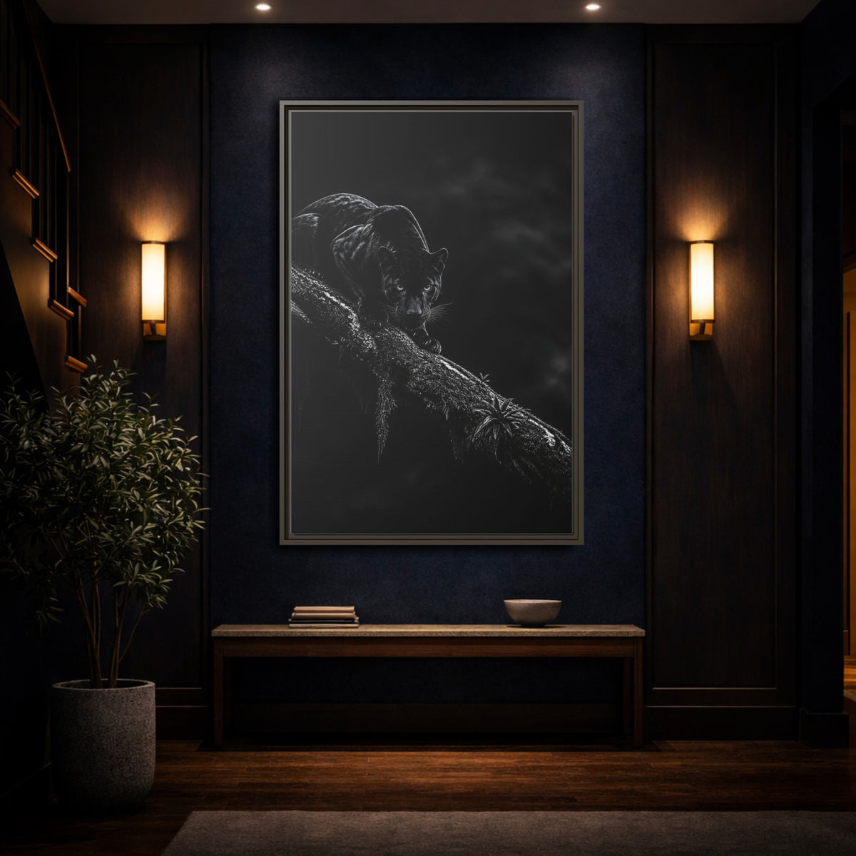 Mockup 4. Black Panther On Branch shown as framed canvas print