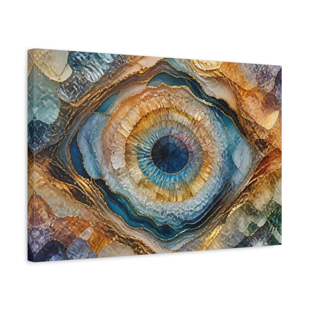 Side Mockup 3. Blue And Gold Geode shown as canvas print