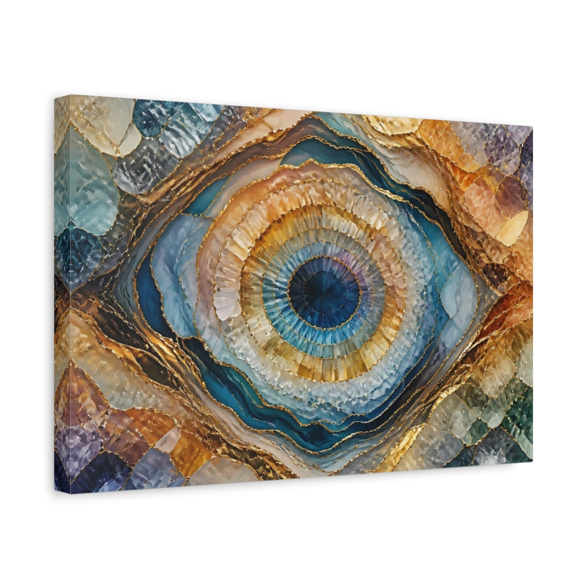 Side Mockup 4. Blue And Gold Geode shown as canvas print