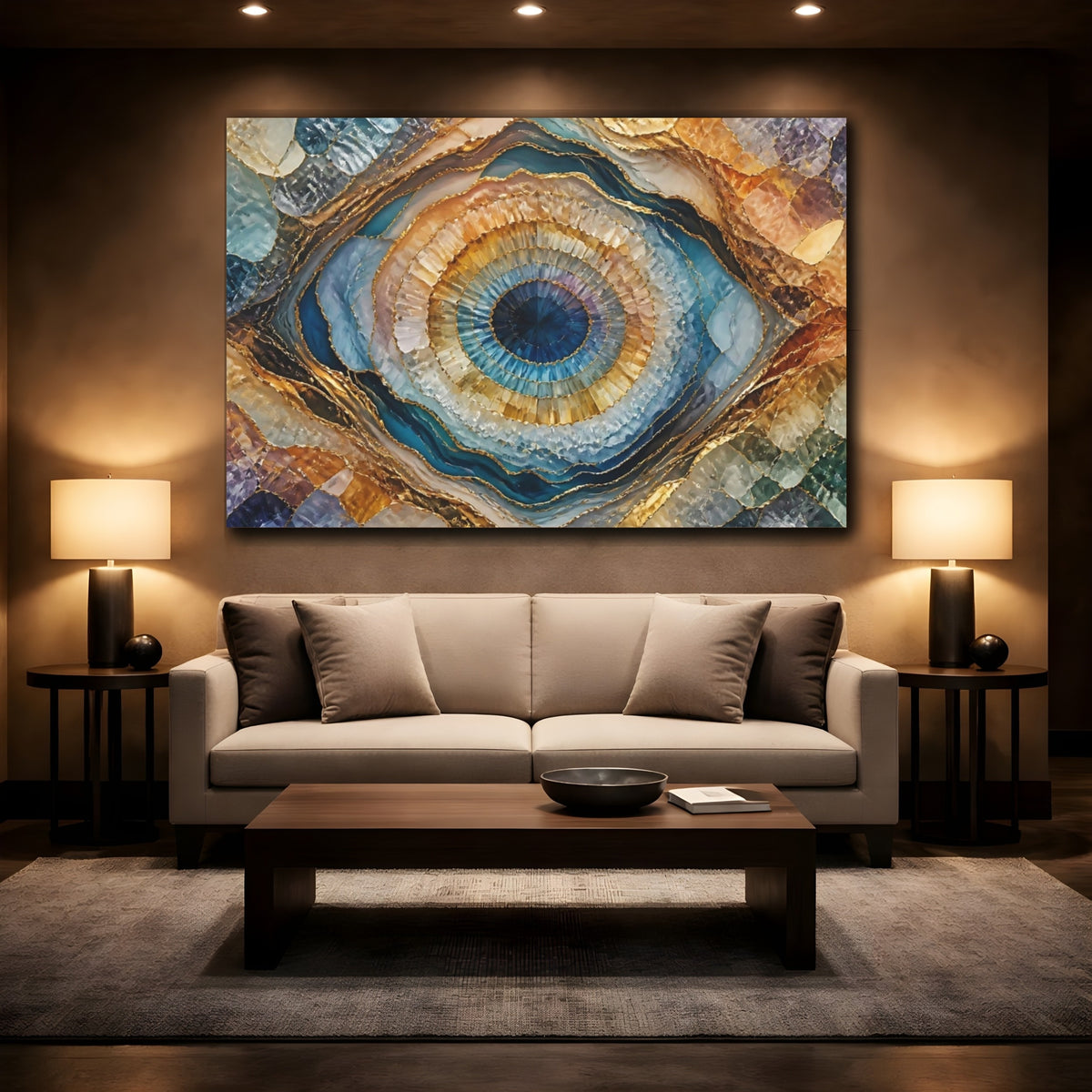 Mockup 2. Blue And Gold Geode shown as canvas print