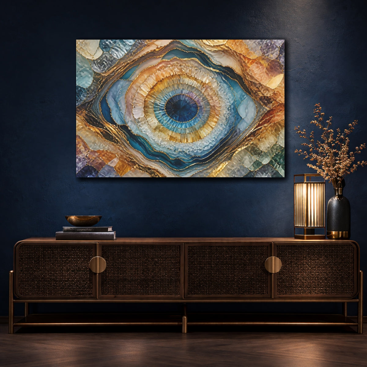 Mockup 4. Blue And Gold Geode shown as canvas print
