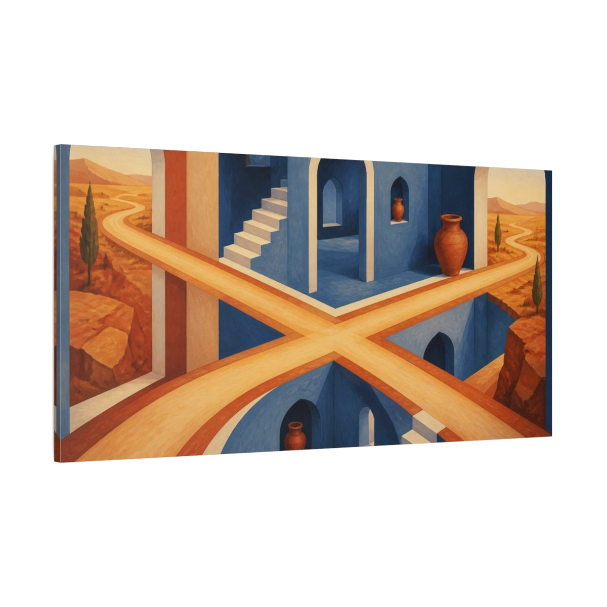 Side Mockup 2. Blue Atrium Illusion shown as canvas print