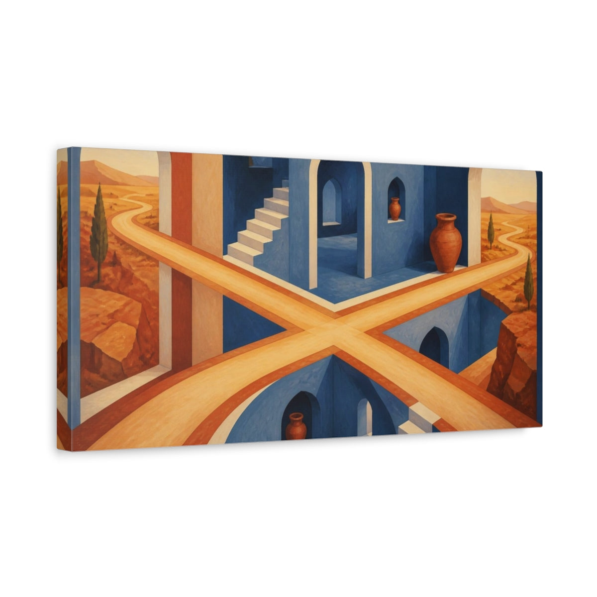 Side Mockup 3. Blue Atrium Illusion shown as canvas print