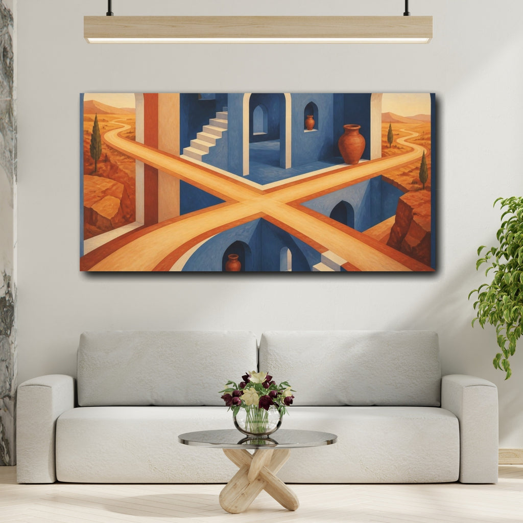 Mockup 2. Blue Atrium Illusion shown as canvas print