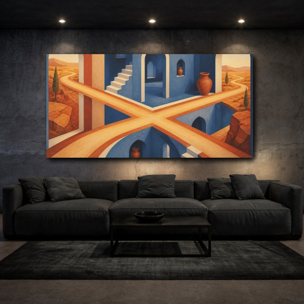 Mockup 3. Blue Atrium Illusion shown as canvas print