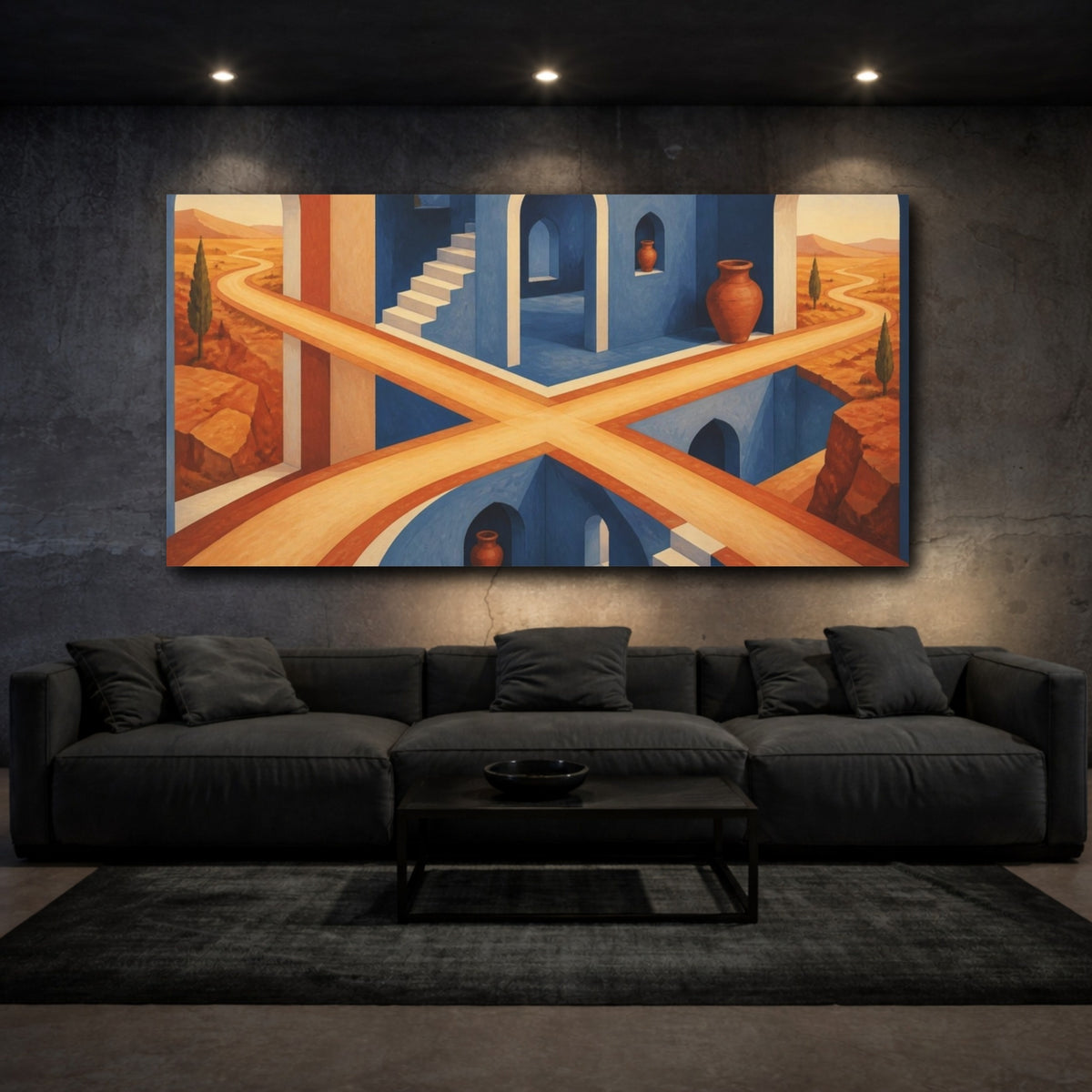 Mockup 3. Blue Atrium Illusion shown as canvas print