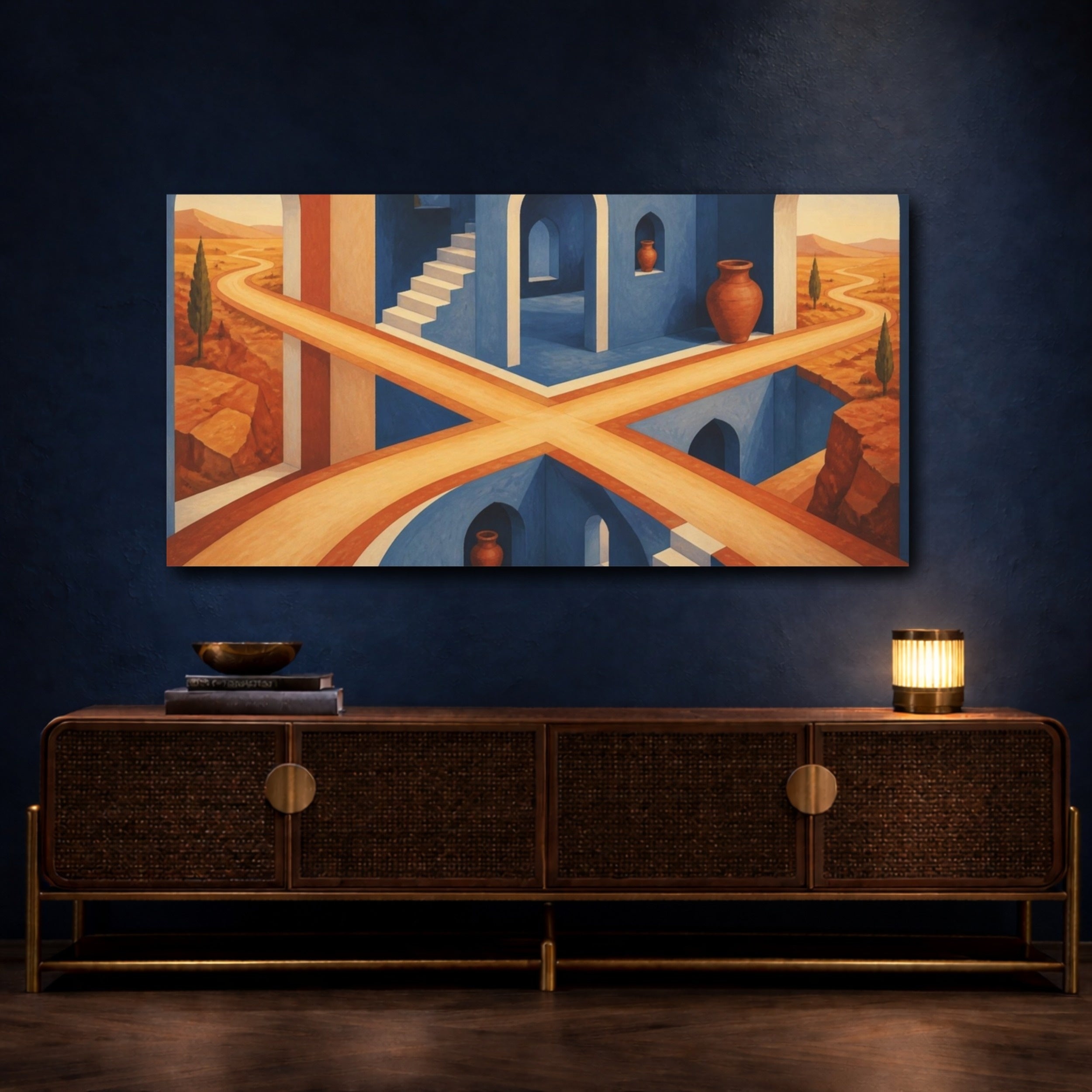 Mockup 4. Blue Atrium Illusion shown as canvas print