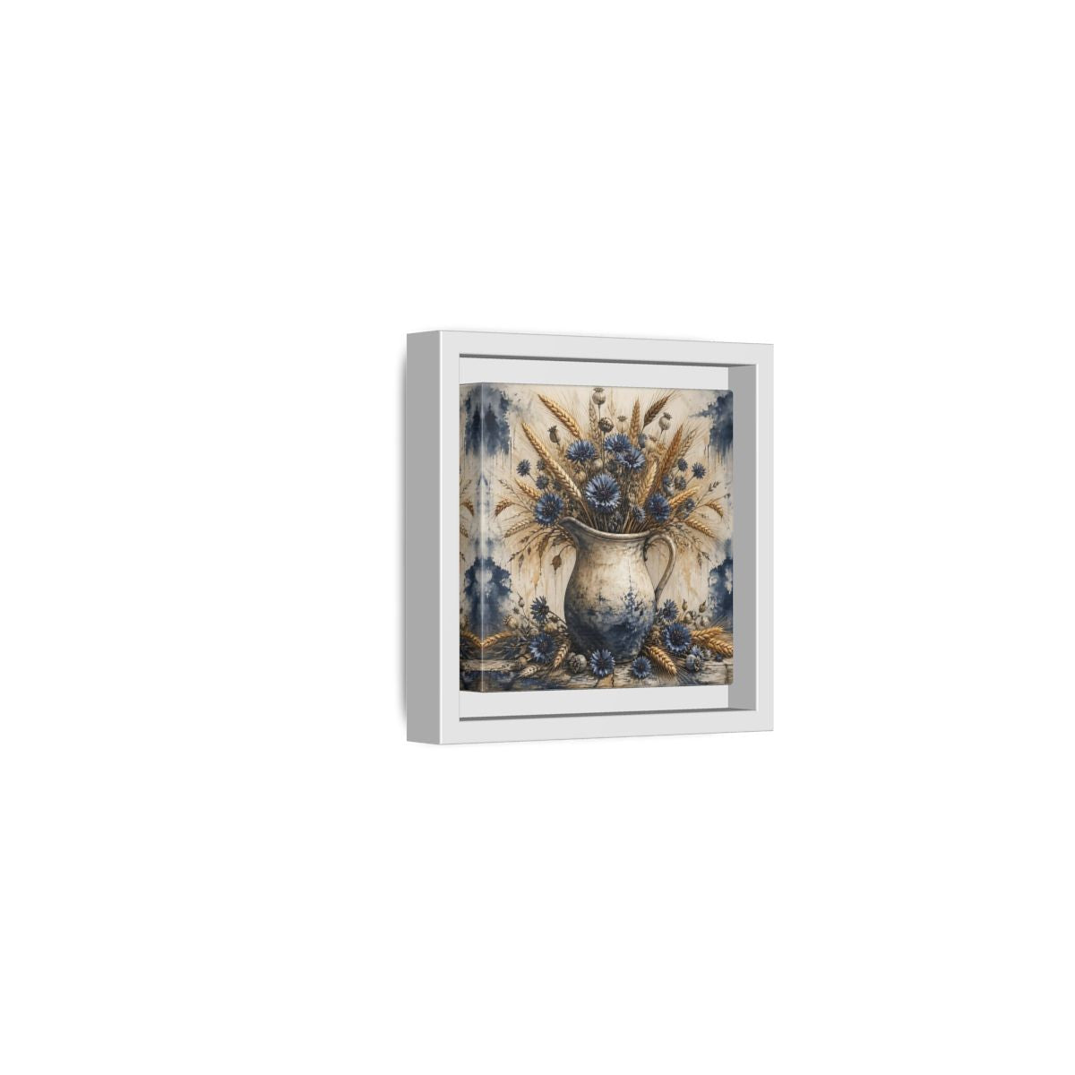 Side Mockup 22. Blue Cornflower Pitcher Bouquet shown as framed canvas print