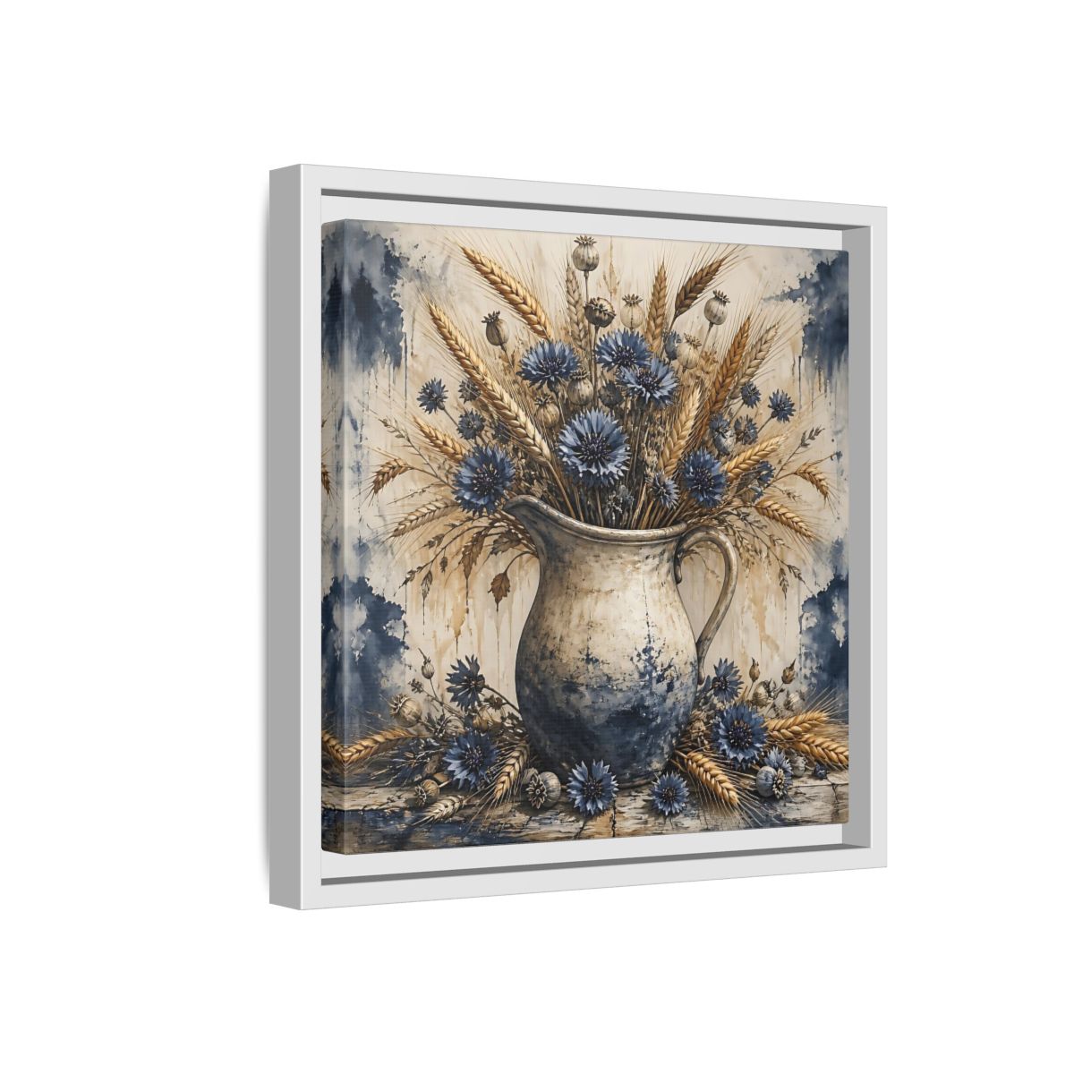 Side Mockup 16. Blue Cornflower Pitcher Bouquet shown as framed canvas print