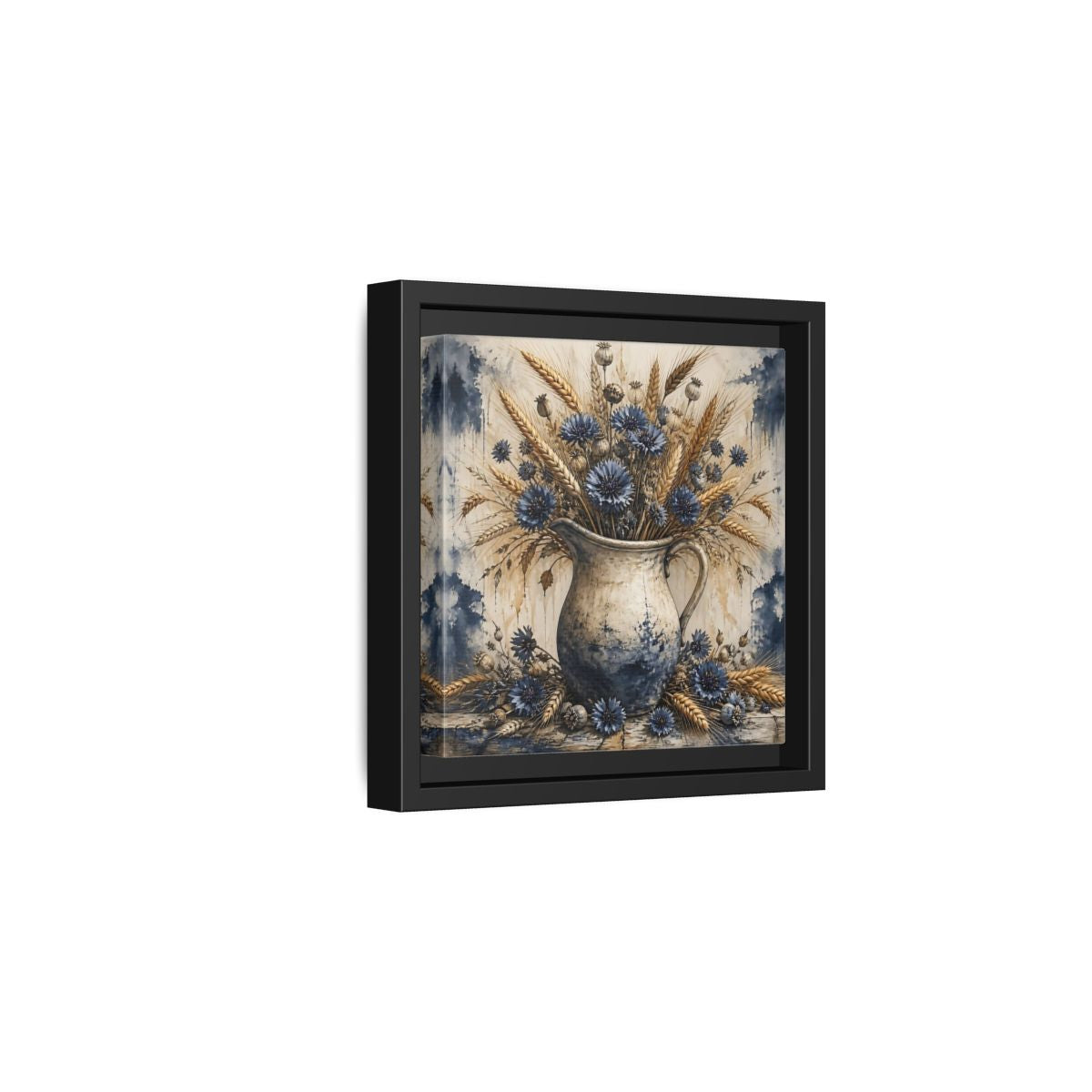 Side Mockup 3. Blue Cornflower Pitcher Bouquet shown as framed canvas print