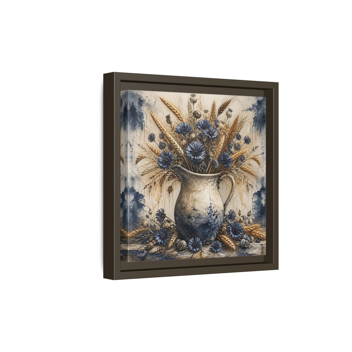 Side Mockup 20. Blue Cornflower Pitcher Bouquet shown as framed canvas print