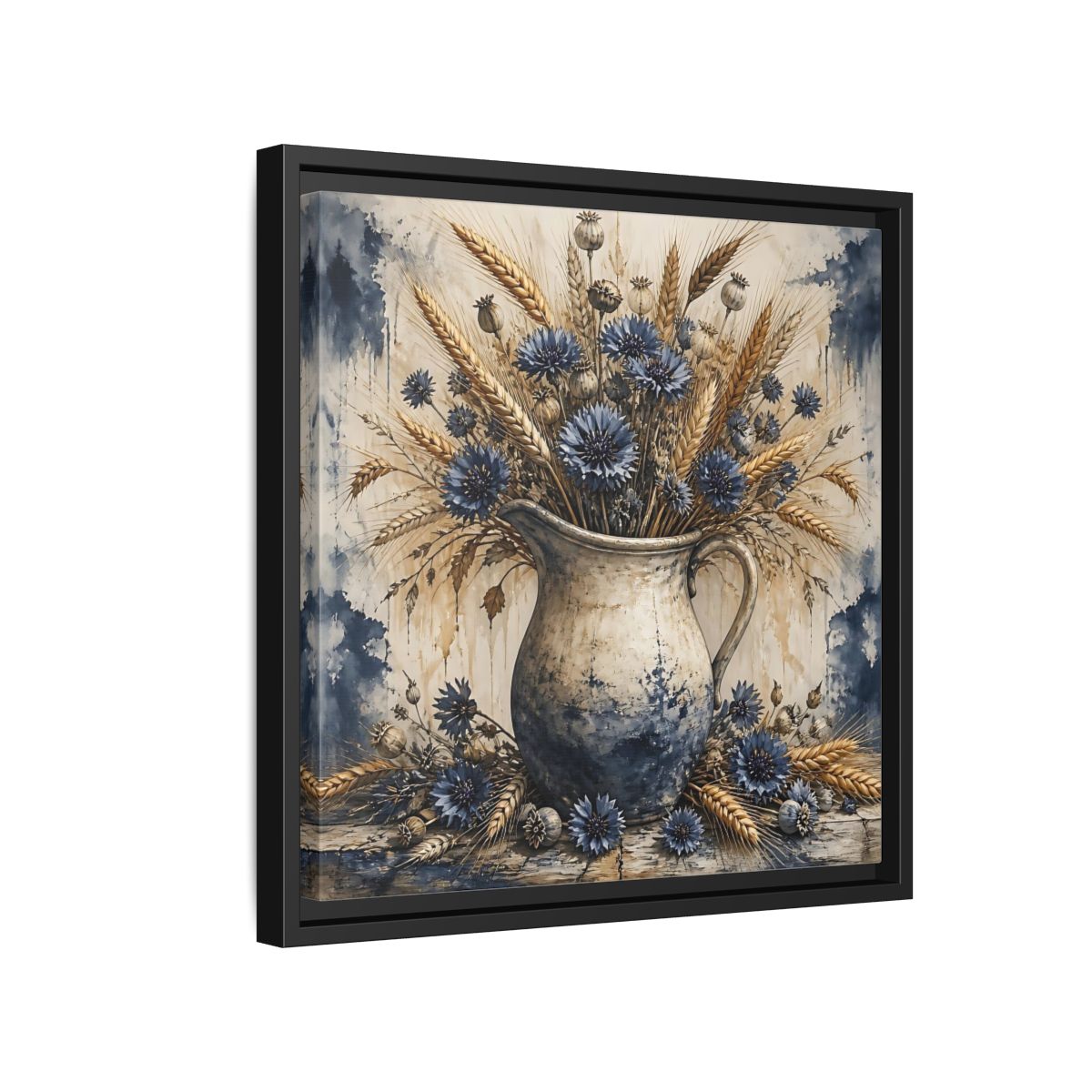 Side Mockup 15. Blue Cornflower Pitcher Bouquet shown as framed canvas print