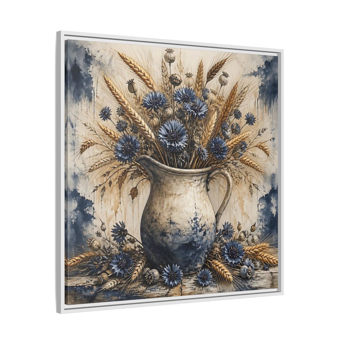 Side Mockup 25. Blue Cornflower Pitcher Bouquet shown as framed canvas print