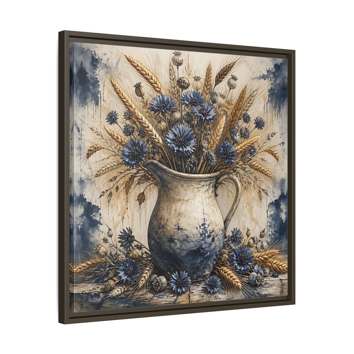 Side Mockup 27. Blue Cornflower Pitcher Bouquet shown as framed canvas print
