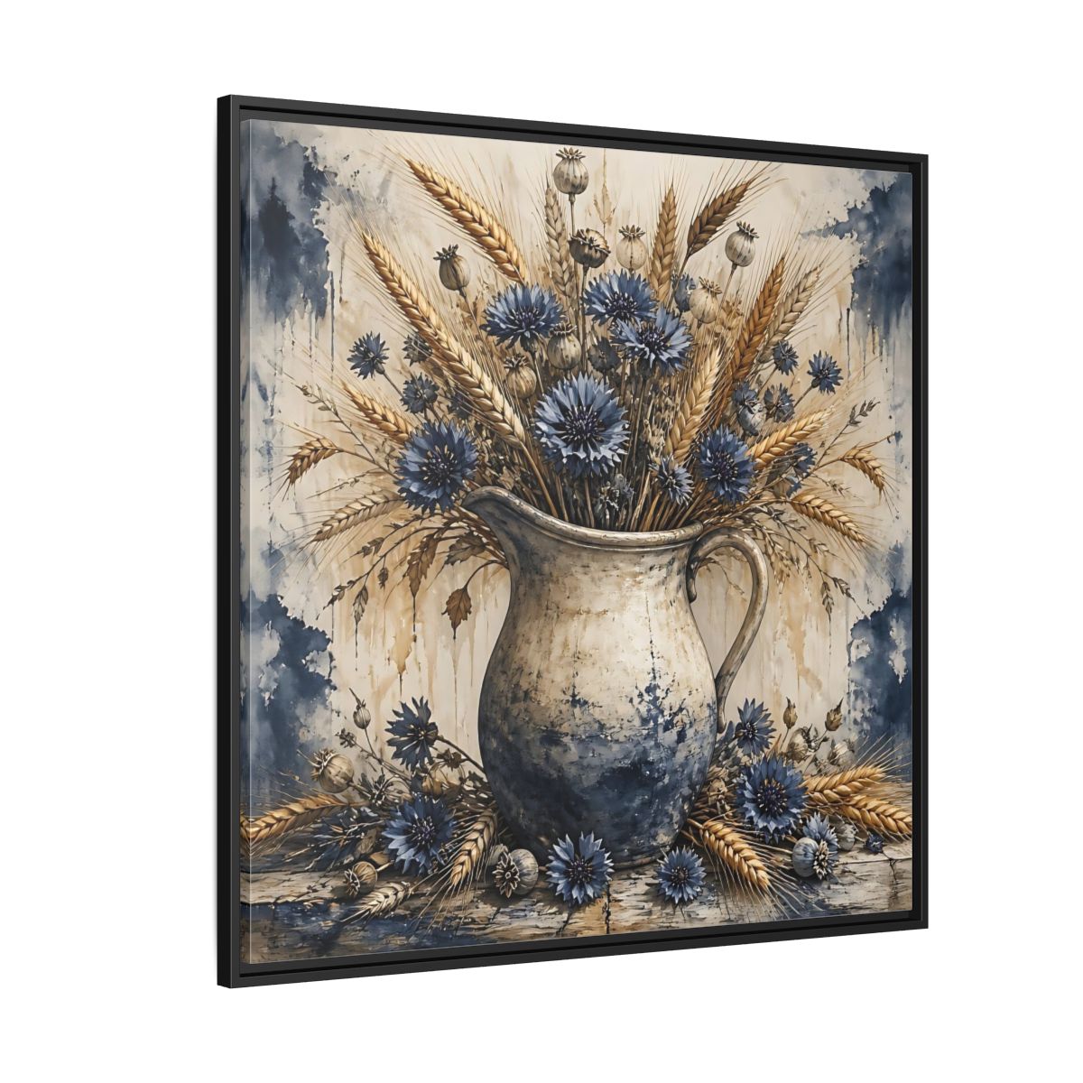 Side Mockup 6. Blue Cornflower Pitcher Bouquet shown as framed canvas print