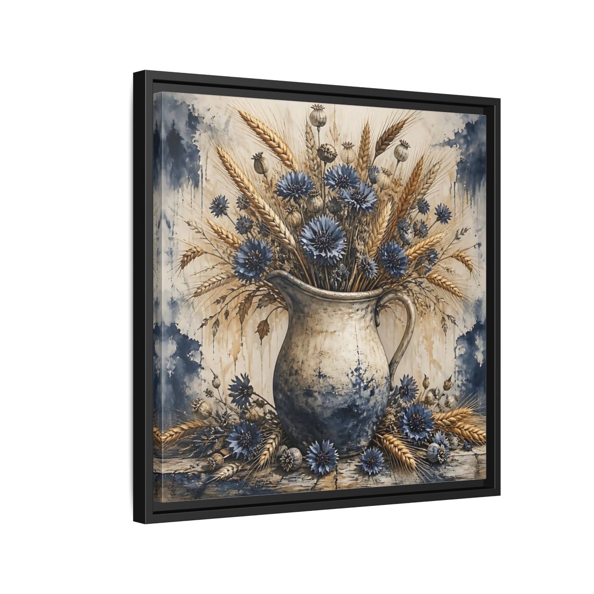 Side Mockup 12. Blue Cornflower Pitcher Bouquet shown as framed canvas print