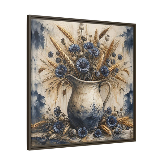 Main Mockup. Blue Cornflower Pitcher Bouquet shown as framed canvas print