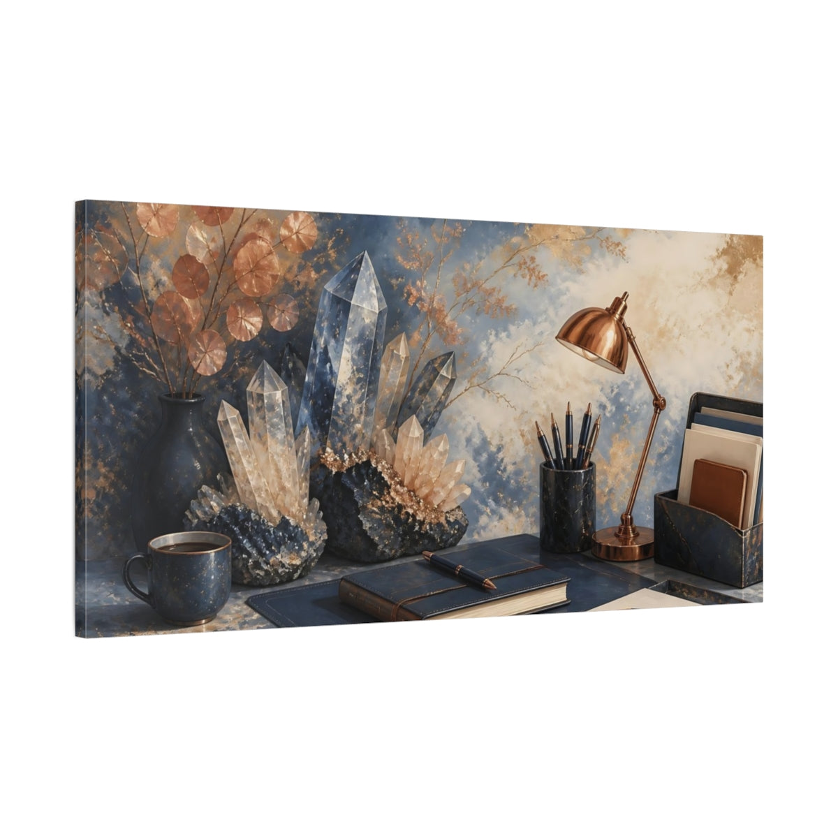 Main Mockup. Blue Crystal Desk Scene shown as canvas print