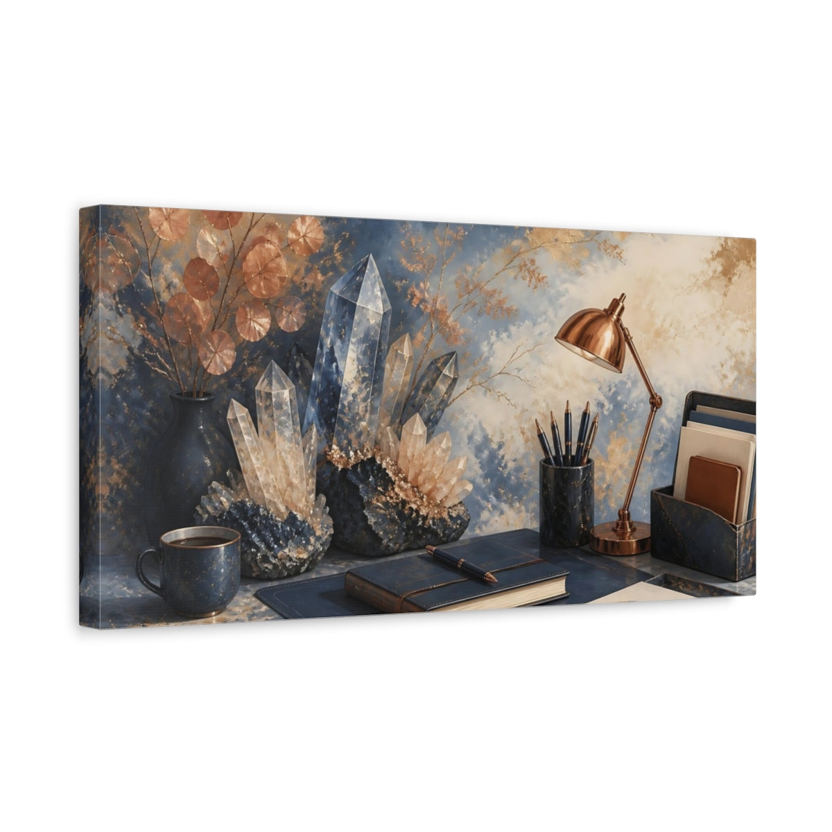 Side Mockup 3. Blue Crystal Desk Scene shown as canvas print