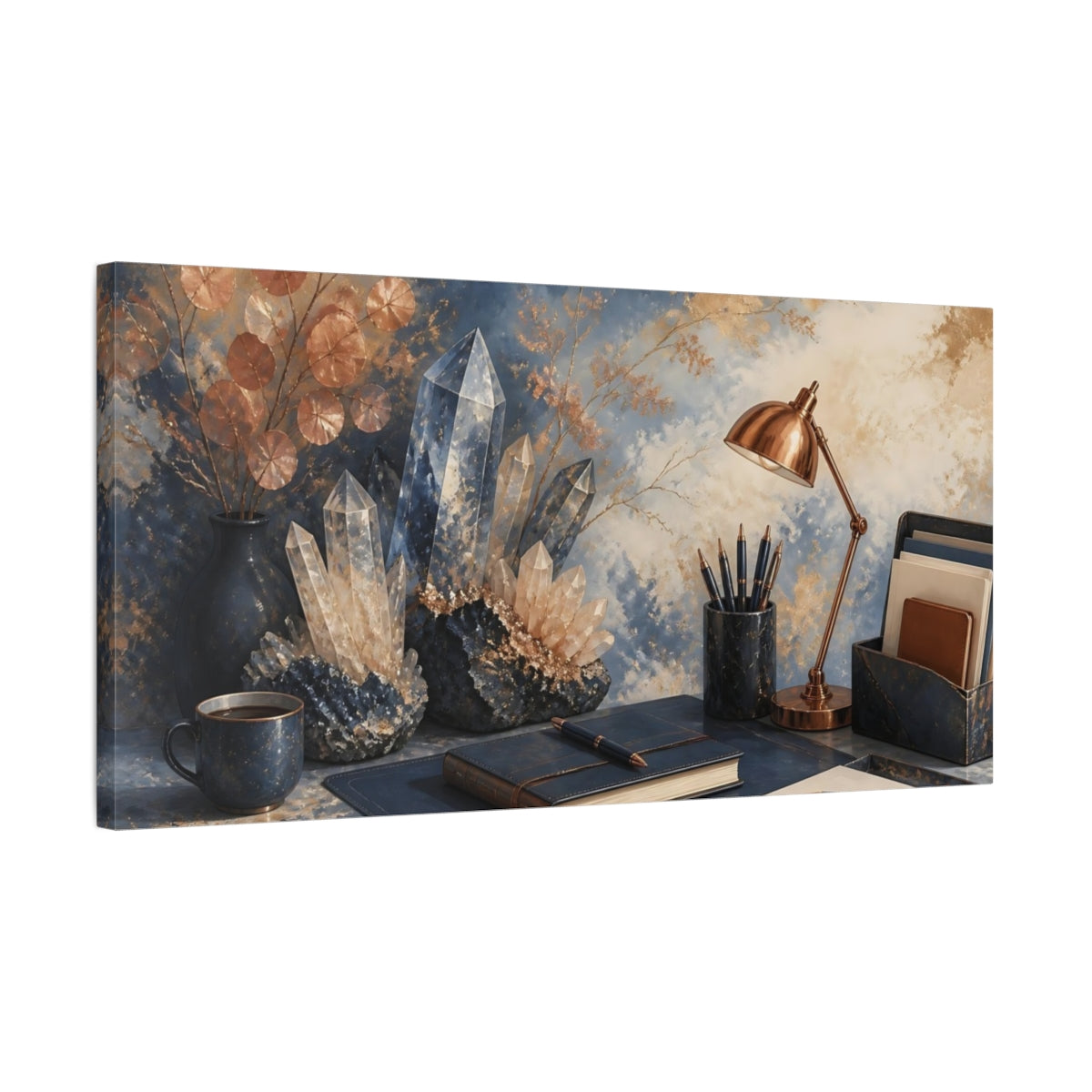Side Mockup 1. Blue Crystal Desk Scene shown as canvas print