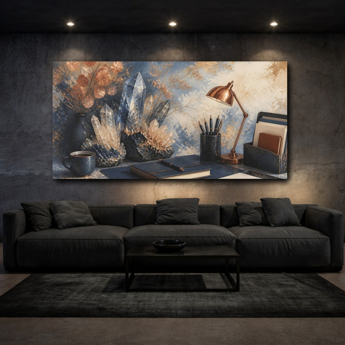 Mockup 3. Blue Crystal Desk Scene shown as canvas print
