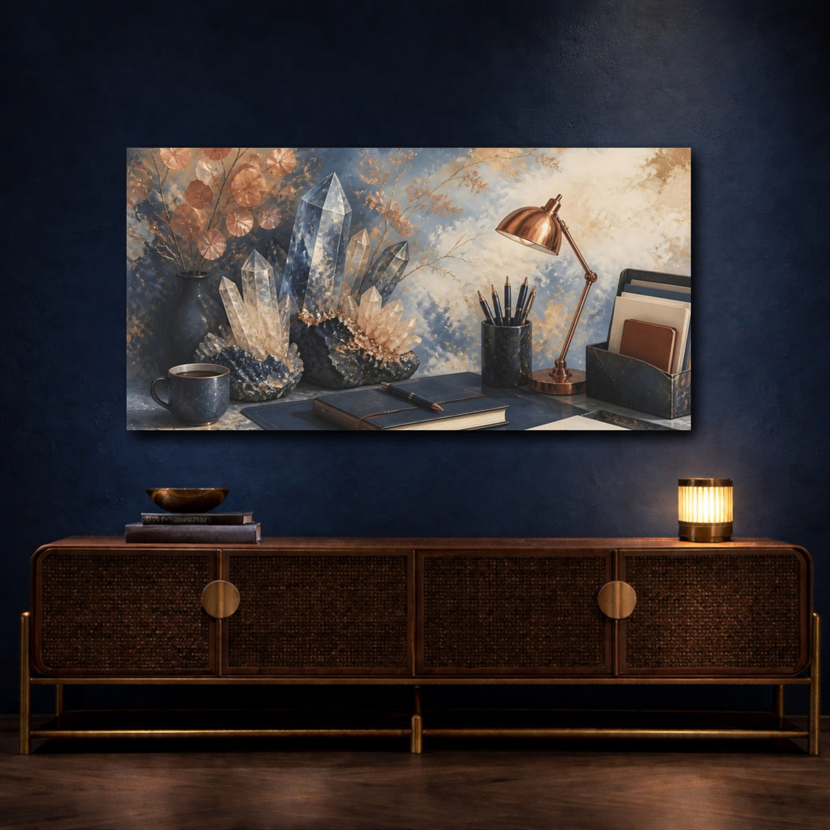 Mockup 4. Blue Crystal Desk Scene shown as canvas print