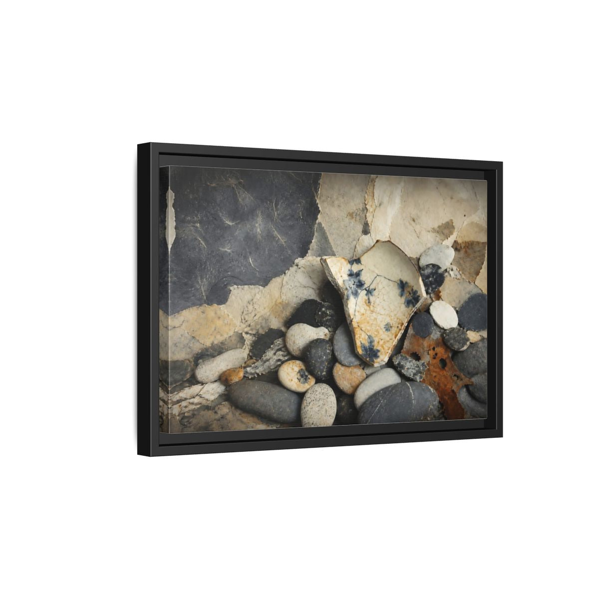 Side Mockup 6. Blue Floral Pottery Shard shown as framed canvas print
