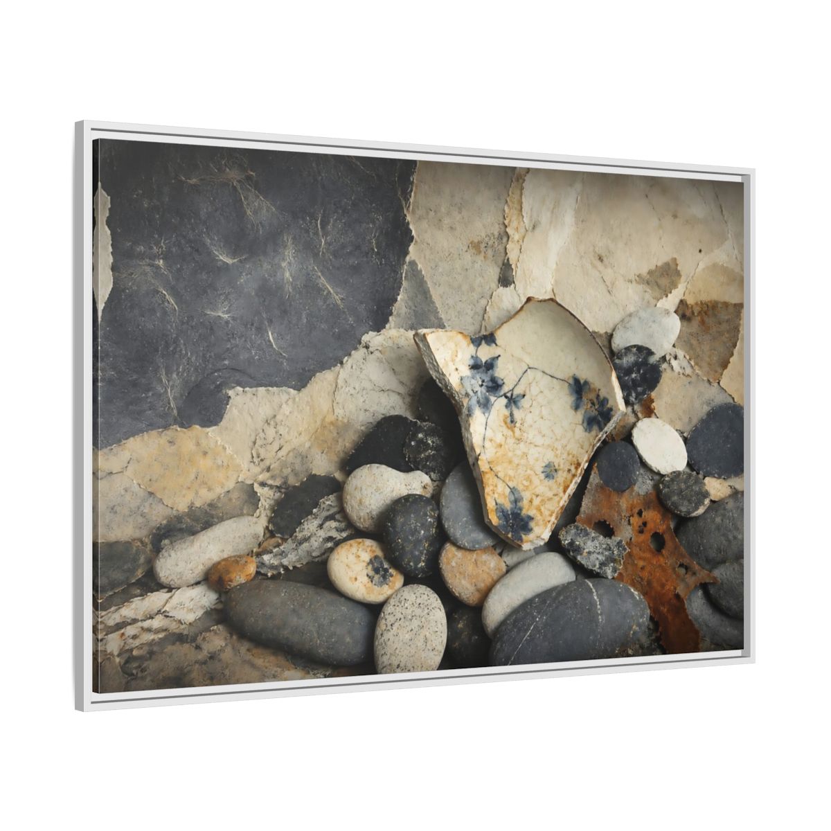 Side Mockup 7. Blue Floral Pottery Shard shown as framed canvas print
