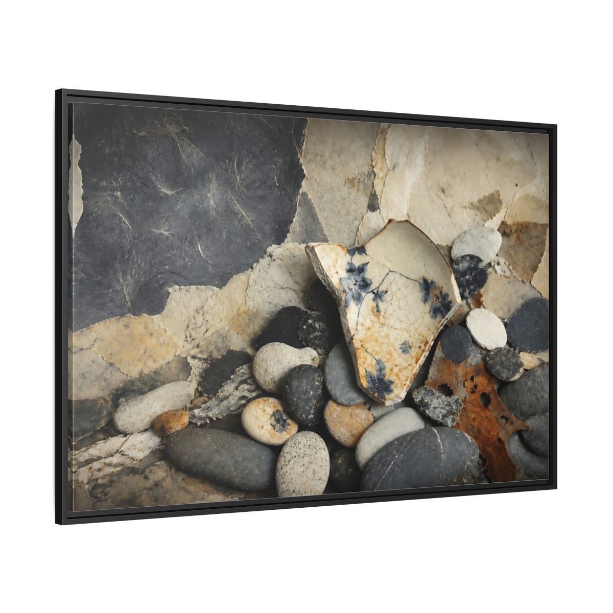 Side Mockup 12. Blue Floral Pottery Shard shown as framed canvas print