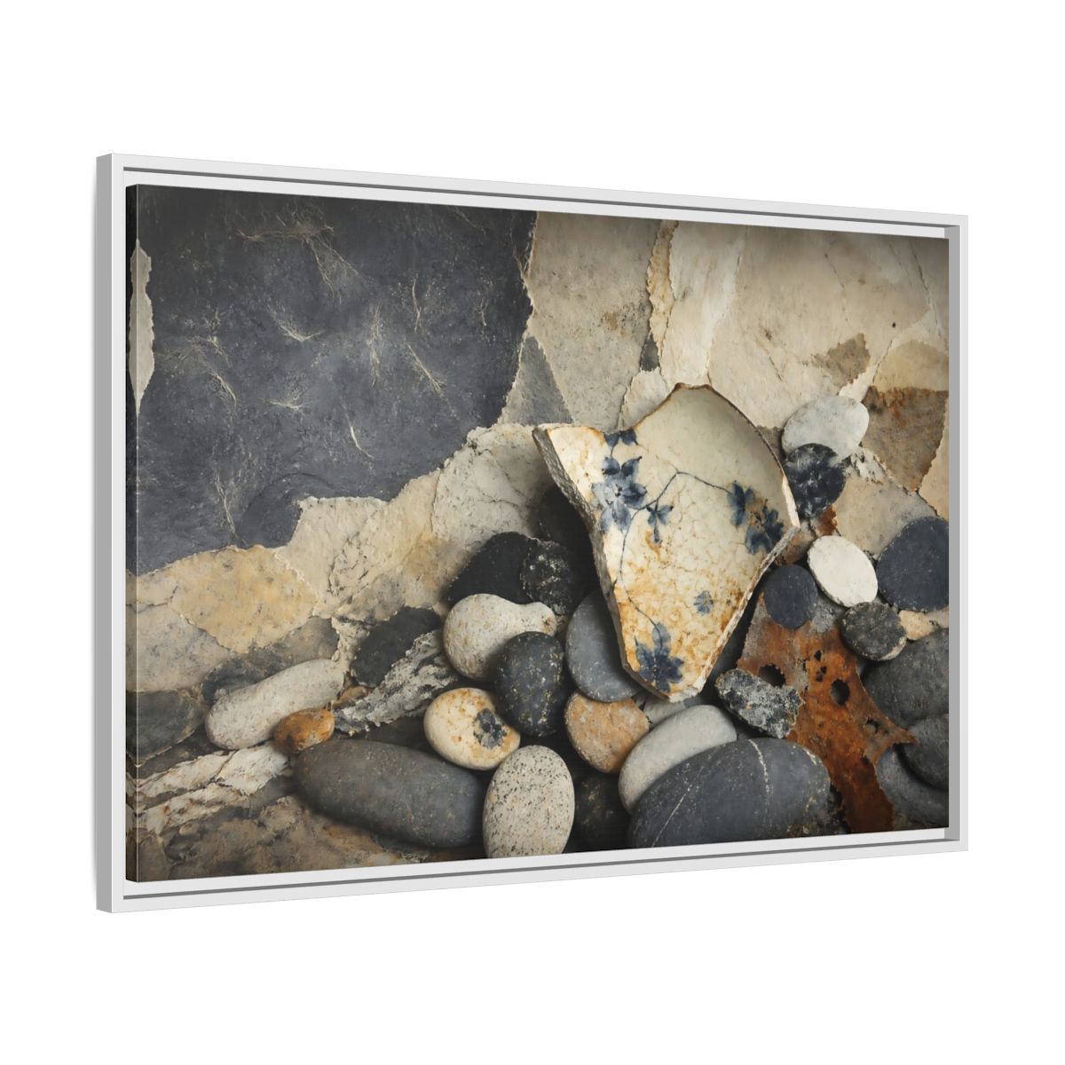 Side Mockup 9. Blue Floral Pottery Shard shown as framed canvas print