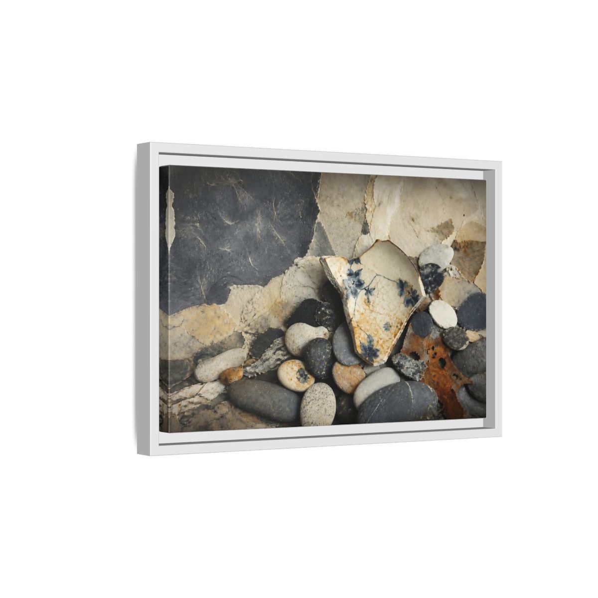 Side Mockup 4. Blue Floral Pottery Shard shown as framed canvas print
