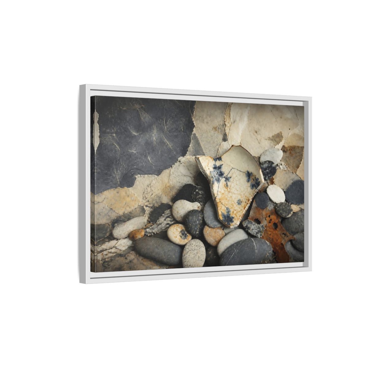 Side Mockup 1. Blue Floral Pottery Shard shown as framed canvas print