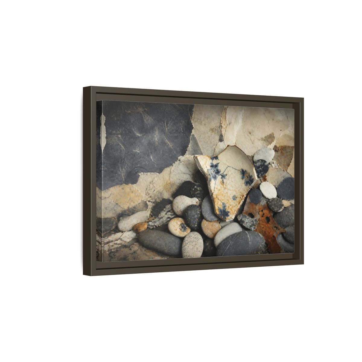 Side Mockup 5. Blue Floral Pottery Shard shown as framed canvas print
