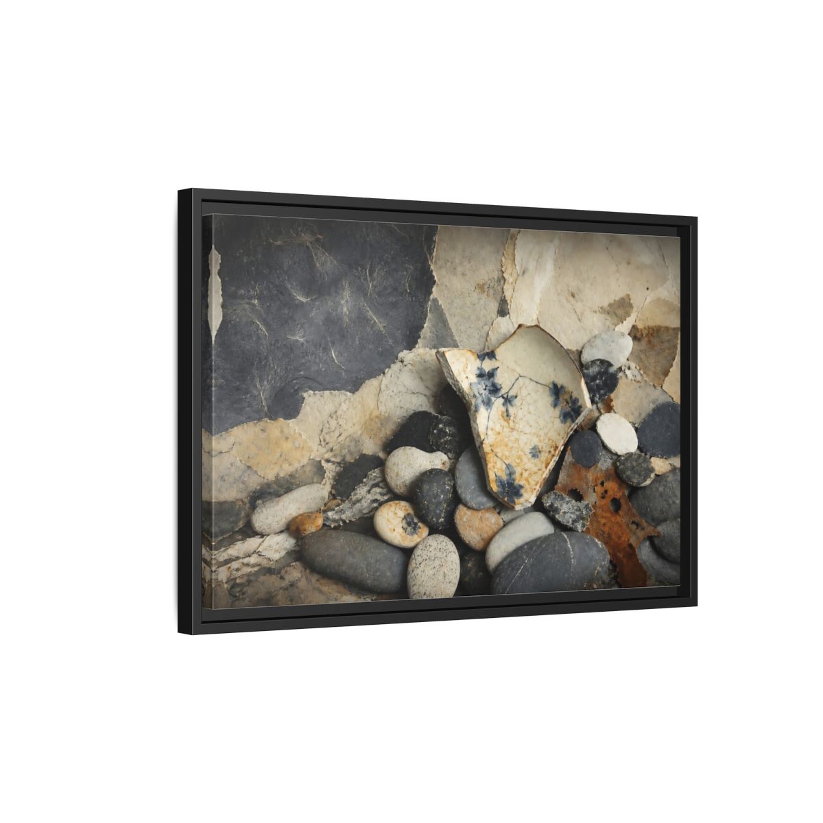 Side Mockup 3. Blue Floral Pottery Shard shown as framed canvas print