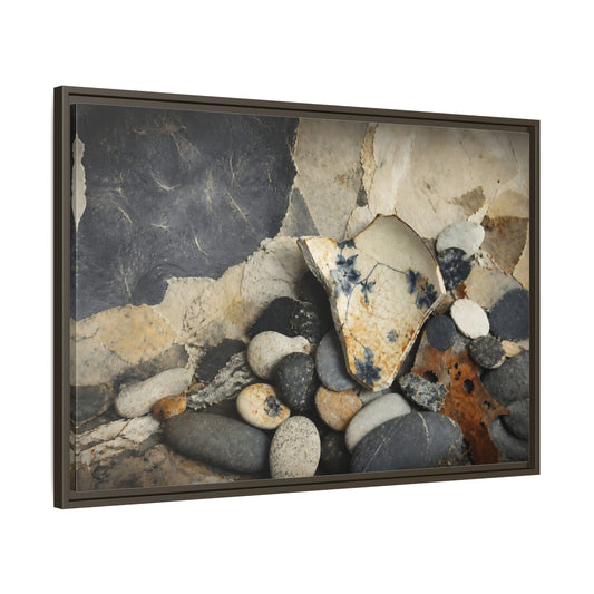 Main Mockup. Blue Floral Pottery Shard shown as framed canvas print