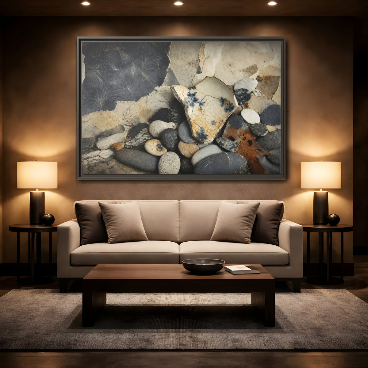 Mockup 2. Blue Floral Pottery Shard shown as framed canvas print