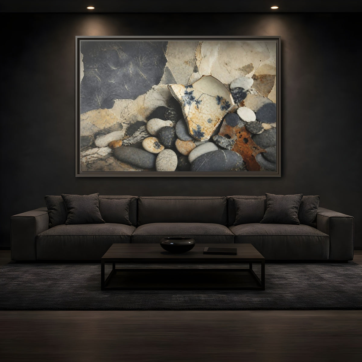 Mockup 3. Blue Floral Pottery Shard shown as framed canvas print