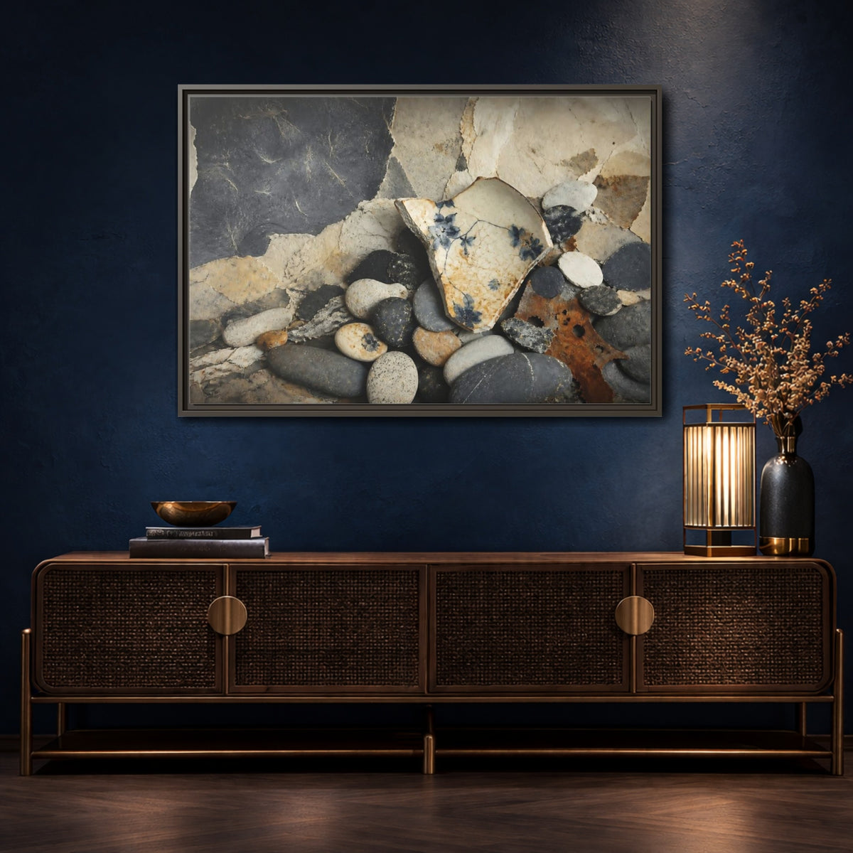 Mockup 4. Blue Floral Pottery Shard shown as framed canvas print