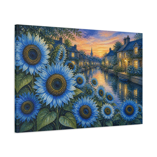 Main Mockup. Blue Flowers By Canal shown as canvas print