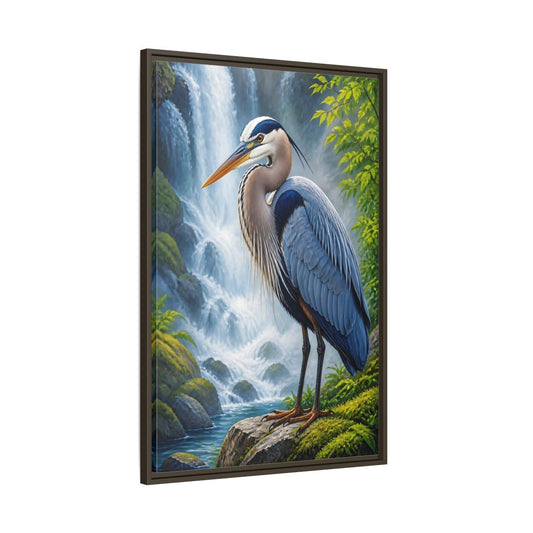 Main Mockup. Blue Heron At Waterfall shown as framed canvas print