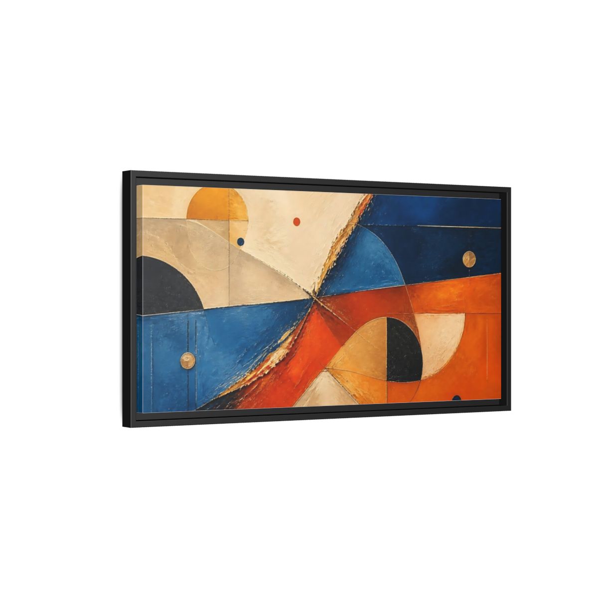 Side Mockup 2. Blue Orange Geometric Forms shown as framed canvas print