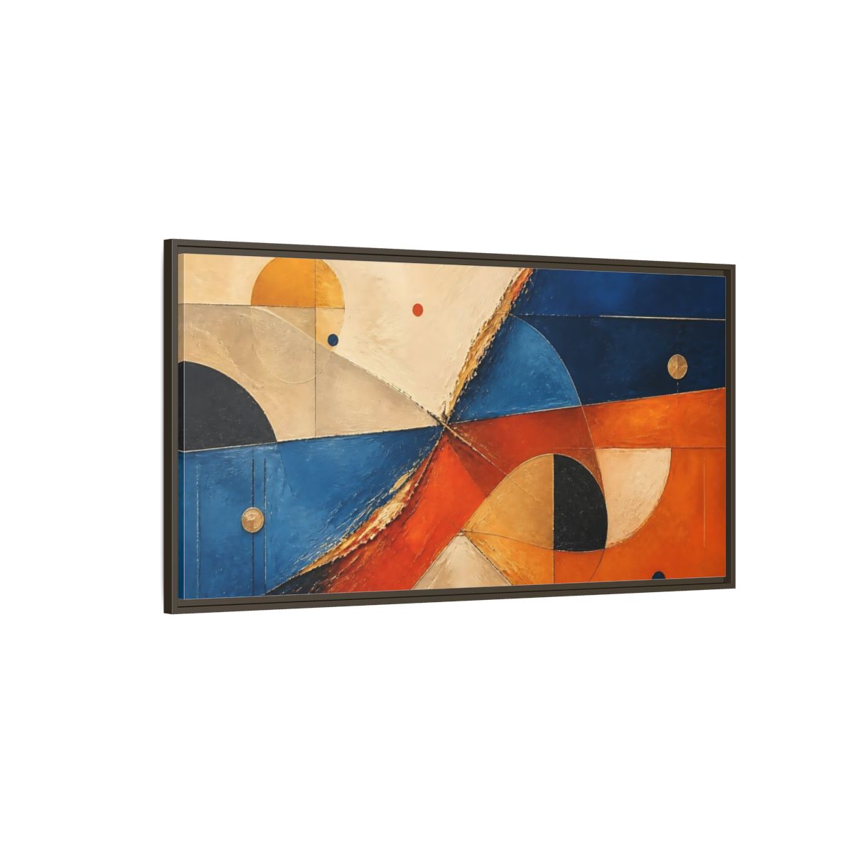 Side Mockup 4. Blue Orange Geometric Forms shown as framed canvas print