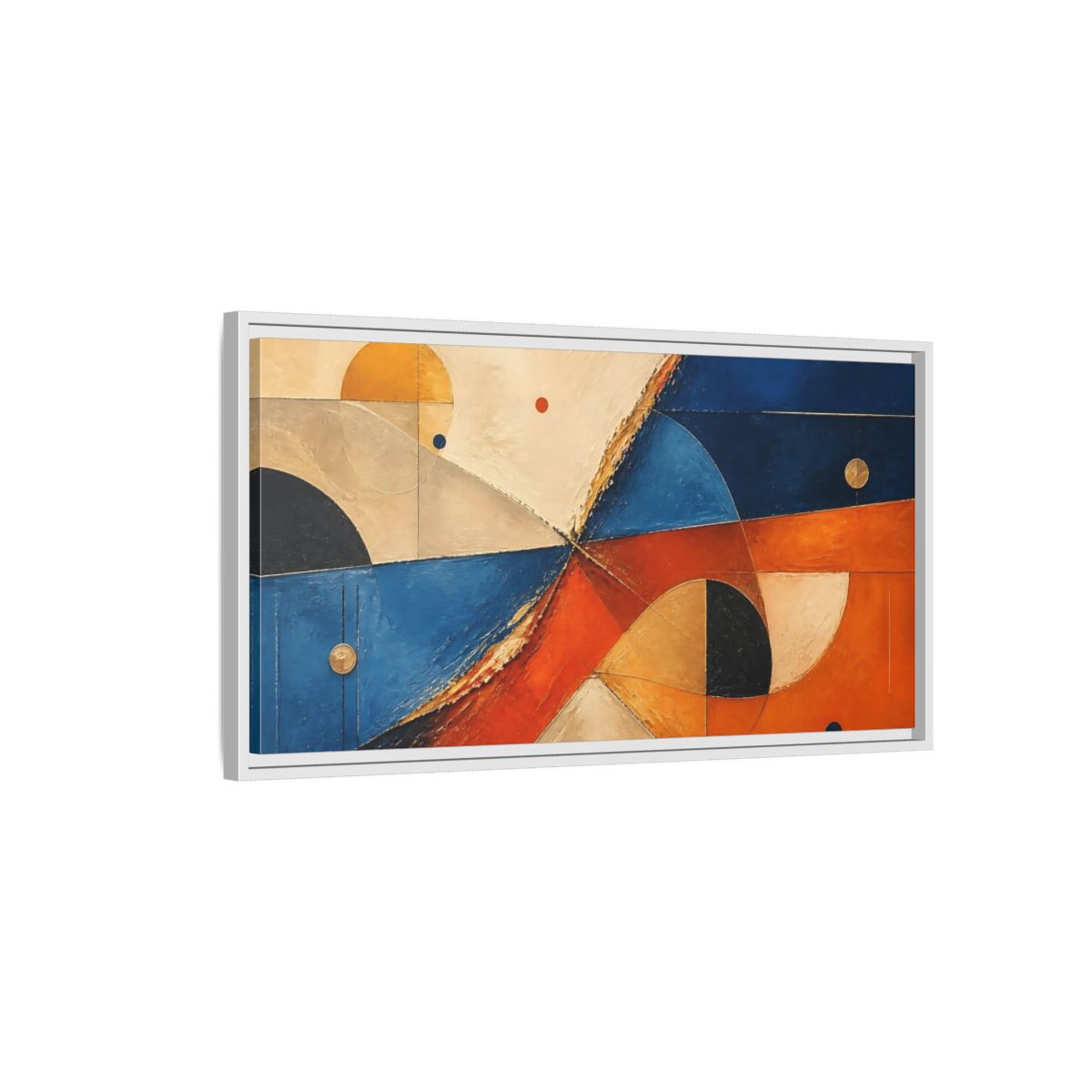 Side Mockup 1. Blue Orange Geometric Forms shown as framed canvas print