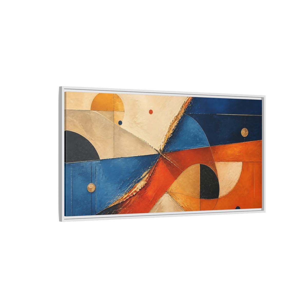 Side Mockup 3. Blue Orange Geometric Forms shown as framed canvas print