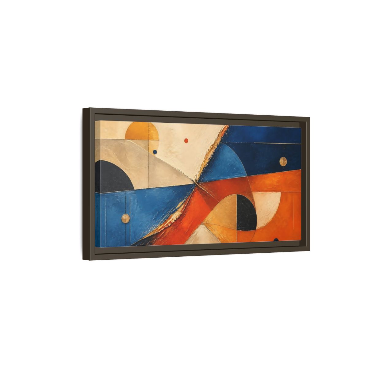 Side Mockup 7. Blue Orange Geometric Forms shown as framed canvas print