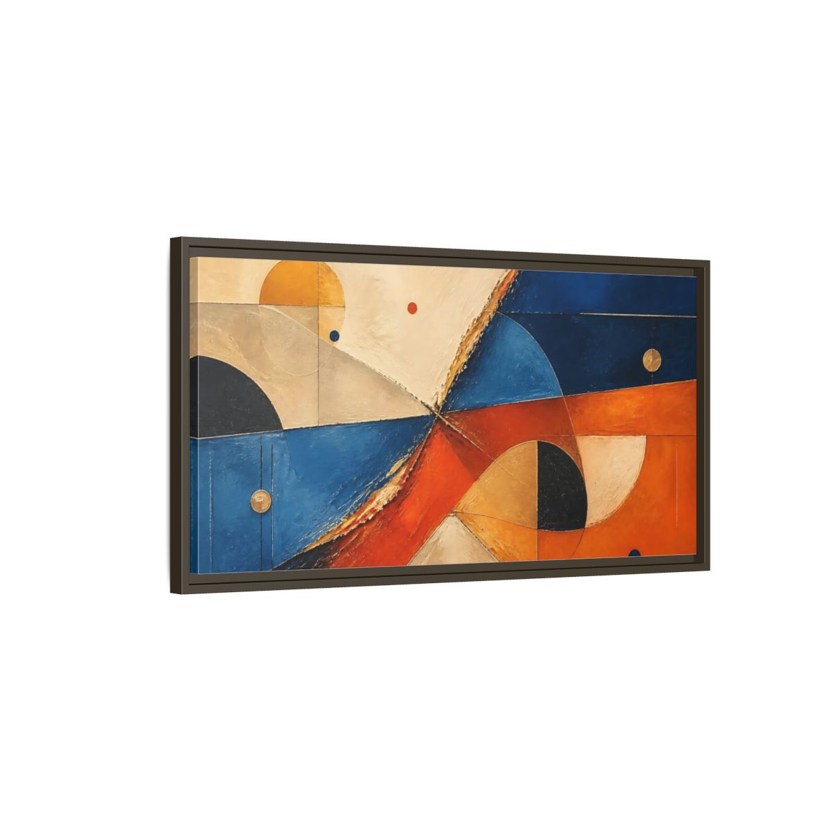 Main Mockup. Blue Orange Geometric Forms shown as framed canvas print