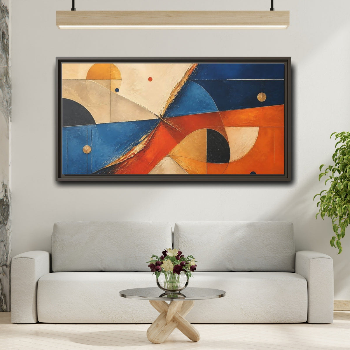 Mockup 2. Blue Orange Geometric Forms shown as framed canvas print