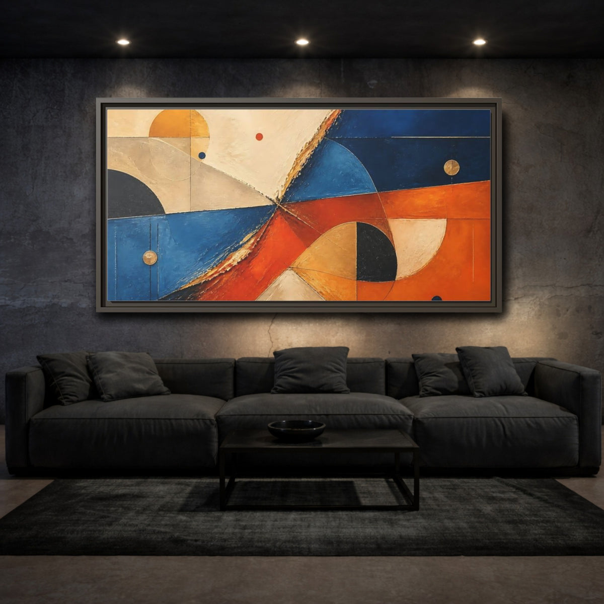 Mockup 3. Blue Orange Geometric Forms shown as framed canvas print