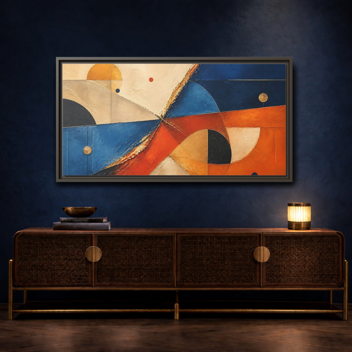 Mockup 4. Blue Orange Geometric Forms shown as framed canvas print